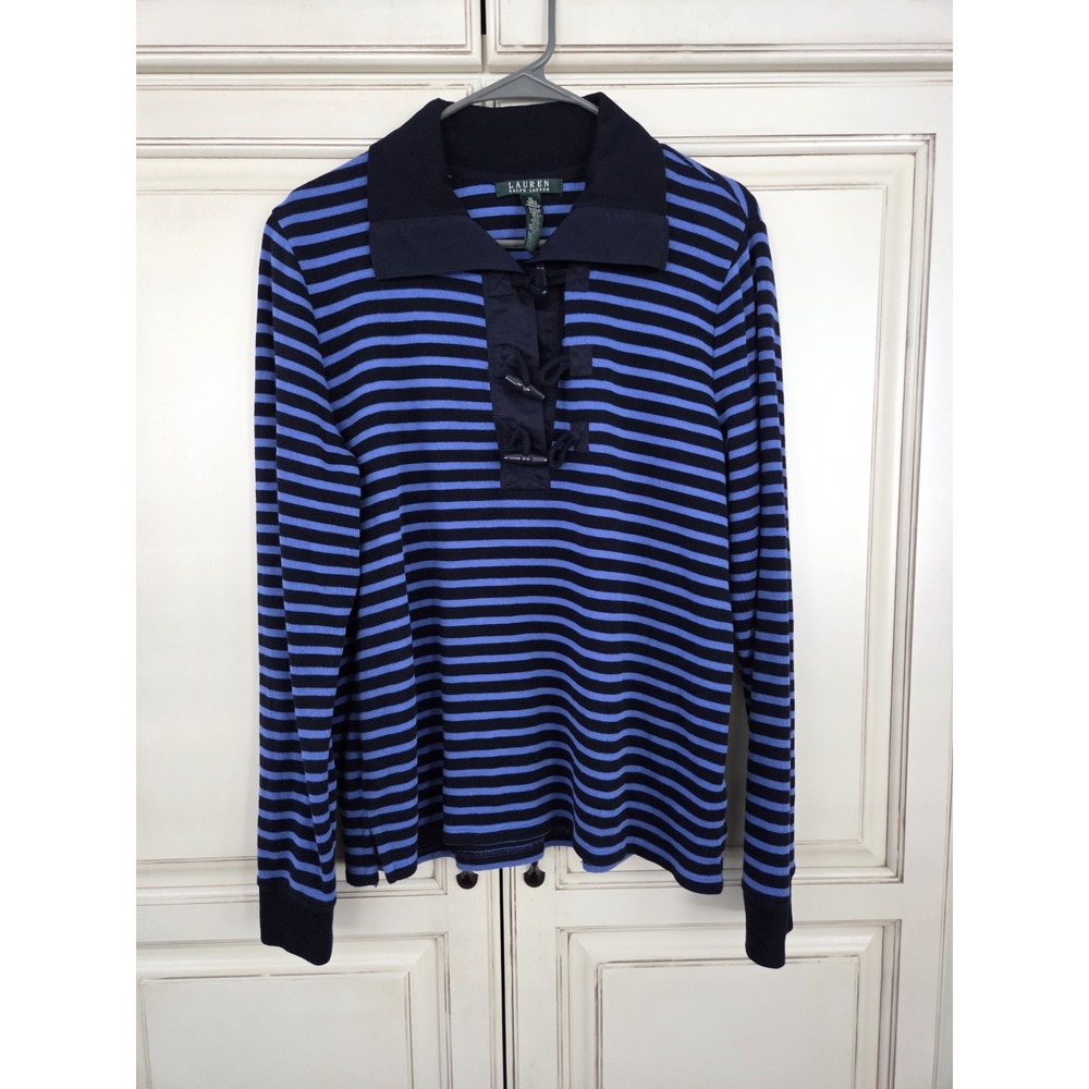 Ralph Lauren Navy and Blue Striped Long-Sleeve Polo Sweater